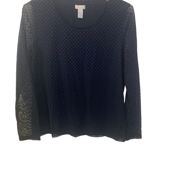 Chico’s Women’s Size 1 (M) Navy Flocked Polka Dot Round Neck Long Sheer Sleeves - Picture 1 of 5